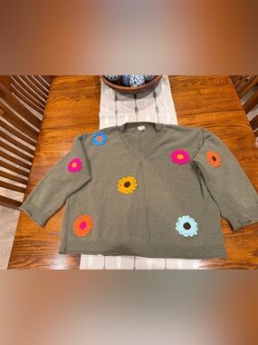 POL Army Green Oversized Sweater with Flowers